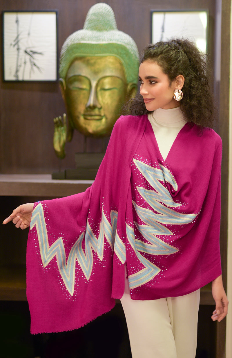 Frida Fuchsia Purple Chevron Thread & Swarovski Pure Cashmere Stole