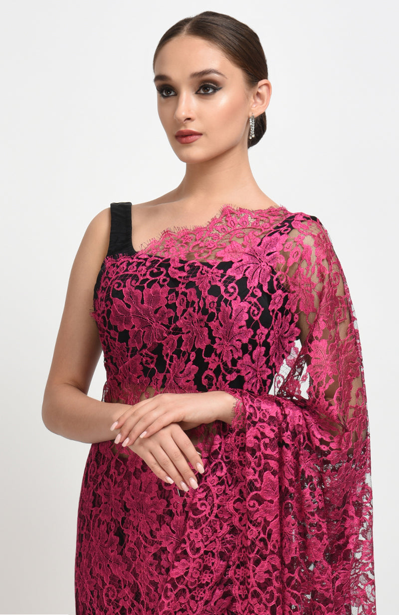 Raspberry French Chantilly Lace Saree Set