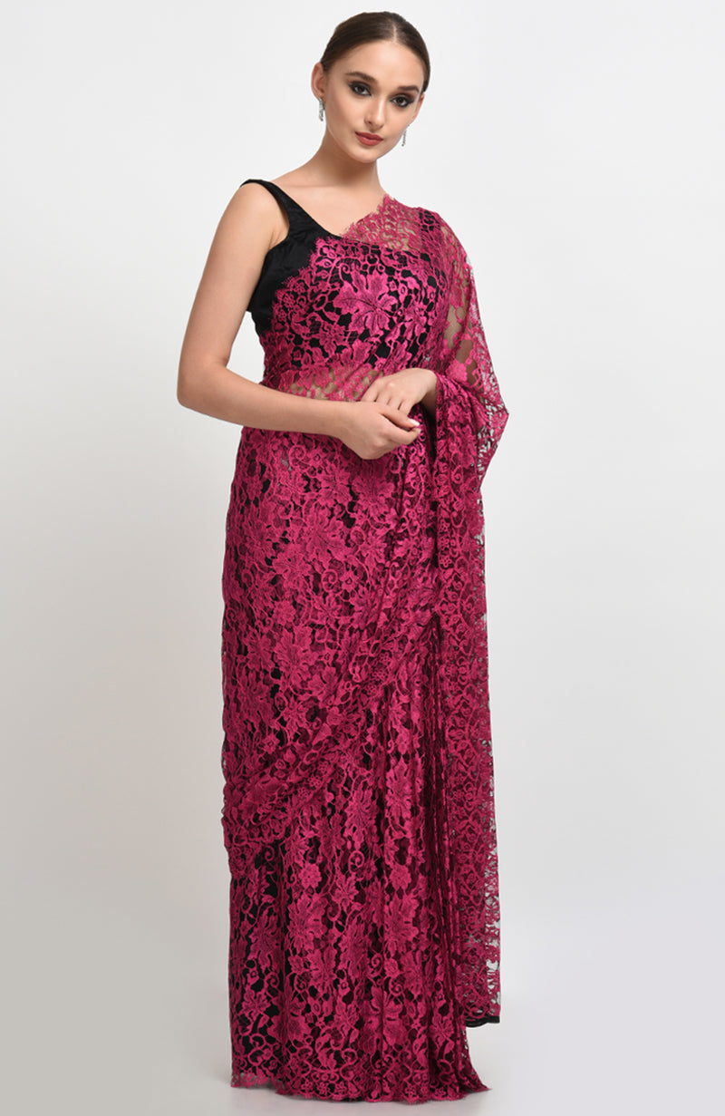 Raspberry French Chantilly Lace Saree Set