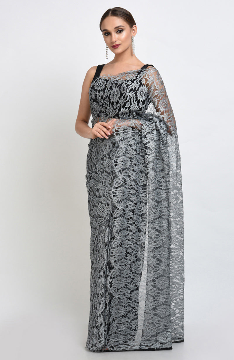 Silver Grey French Chantilly Lace Saree Set