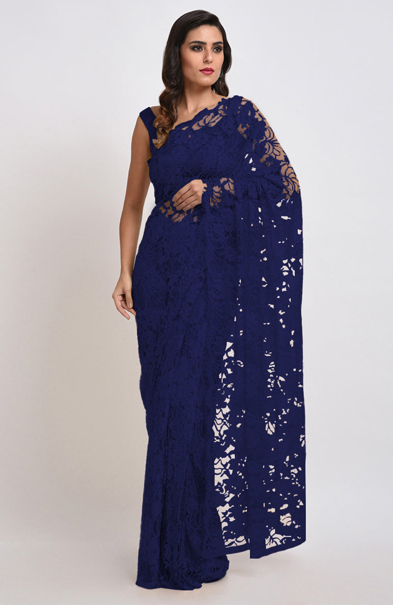 Eclipse Blue Chantilly Lace Saree Set