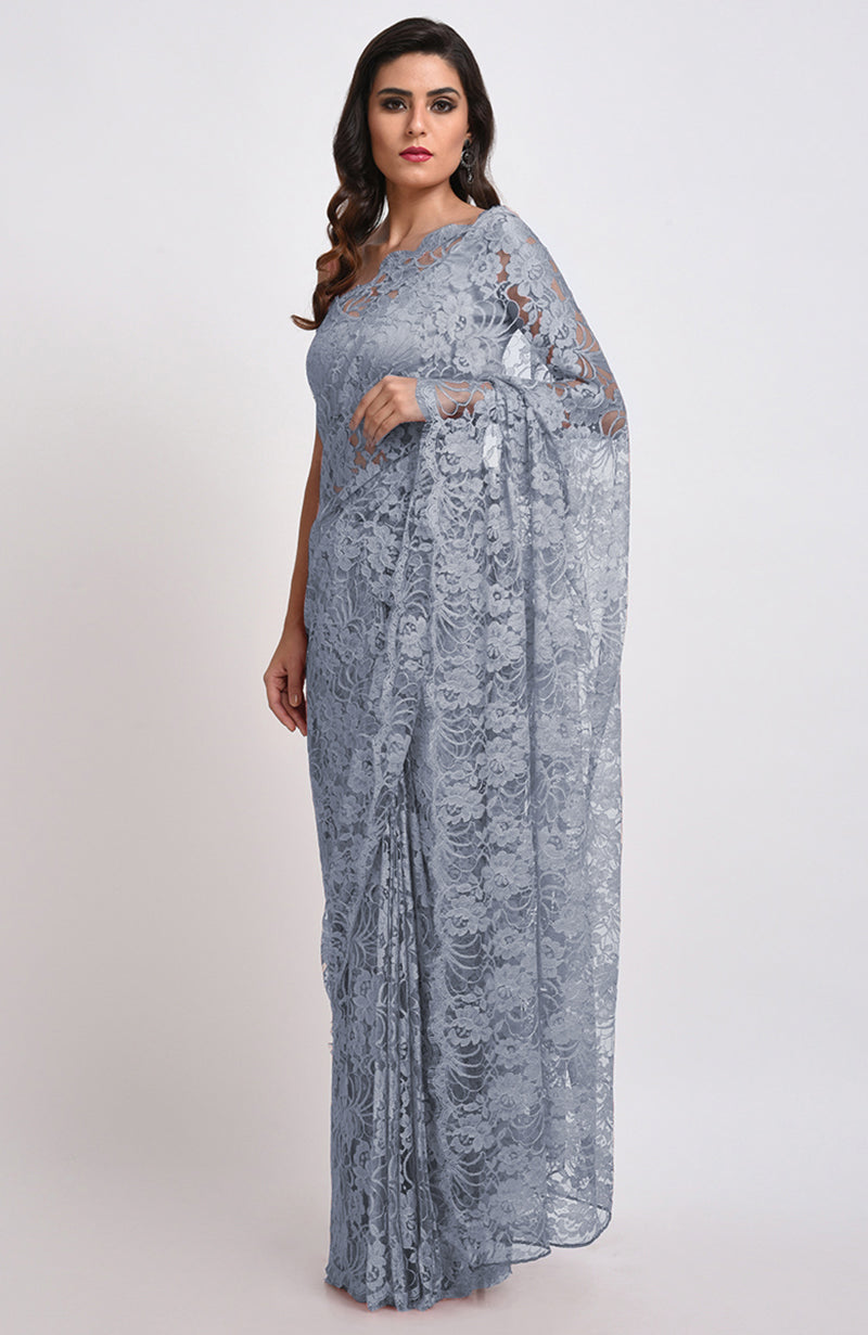 Blue Gray Chantilly Lace Saree Set