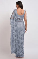 Blue Gray Chantilly Lace Saree Set