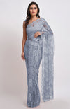 Blue Gray Chantilly Lace Saree Set