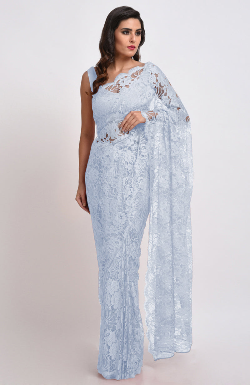 Illusion Blue  French Chantilly Lace Saree Set