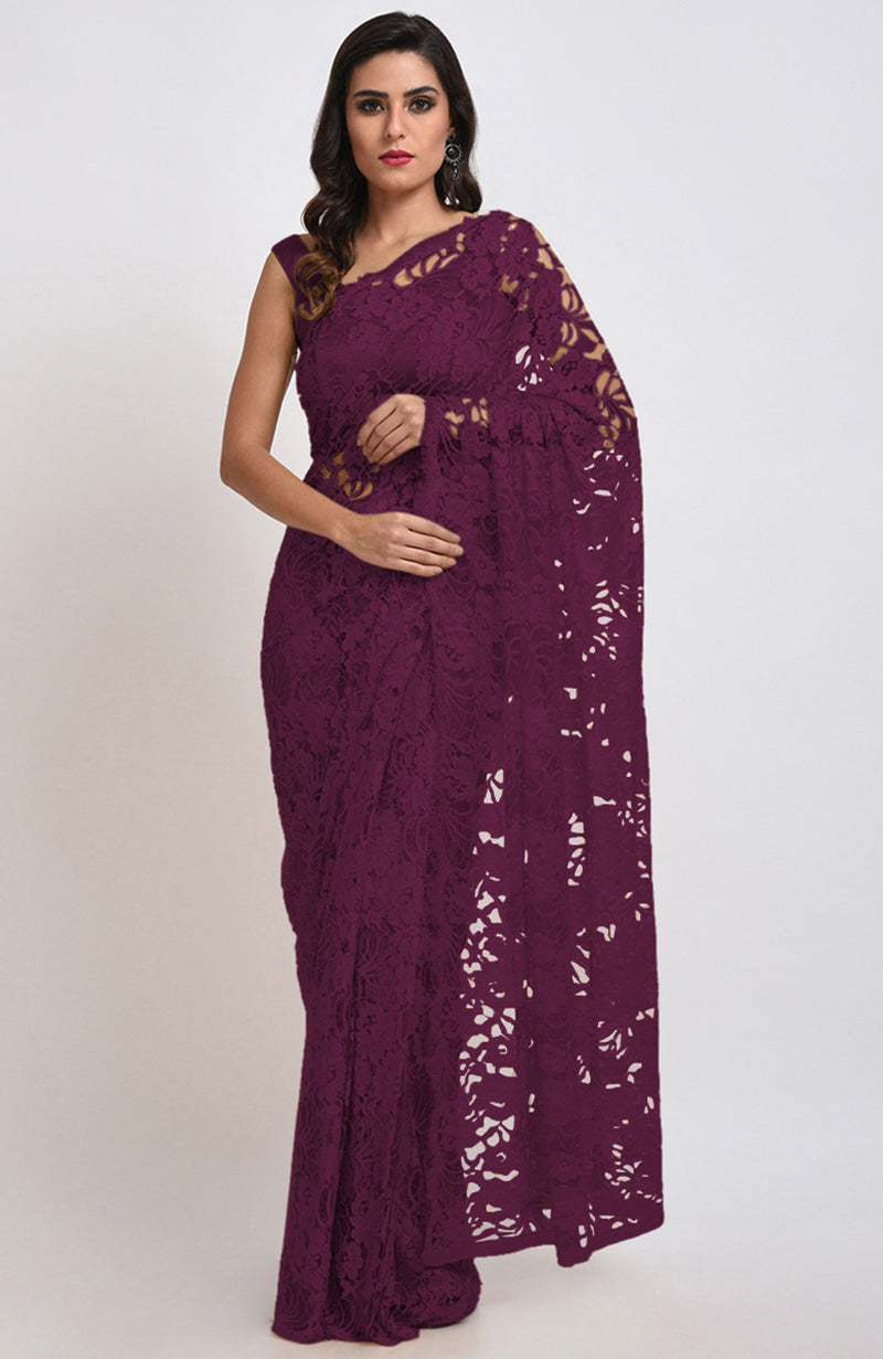 Wine Chantilly Lace Saree Set