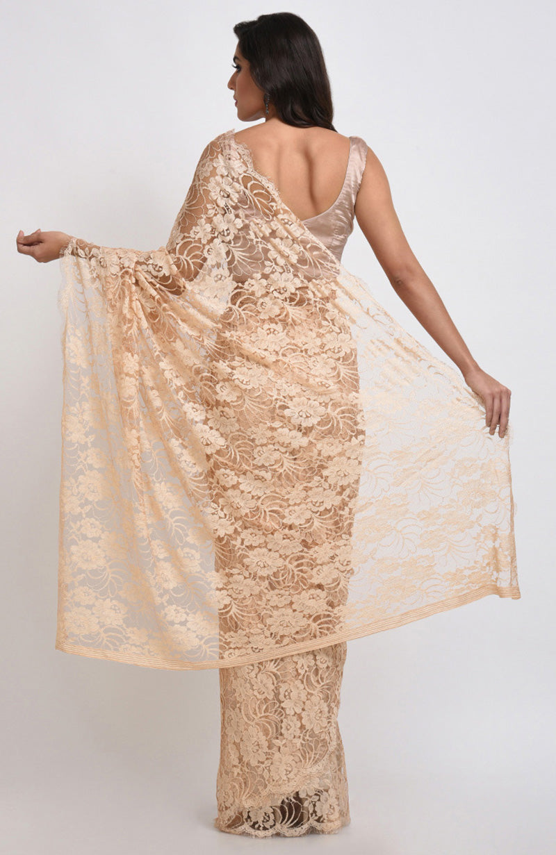 Nude French Chantilly Lace Saree Set