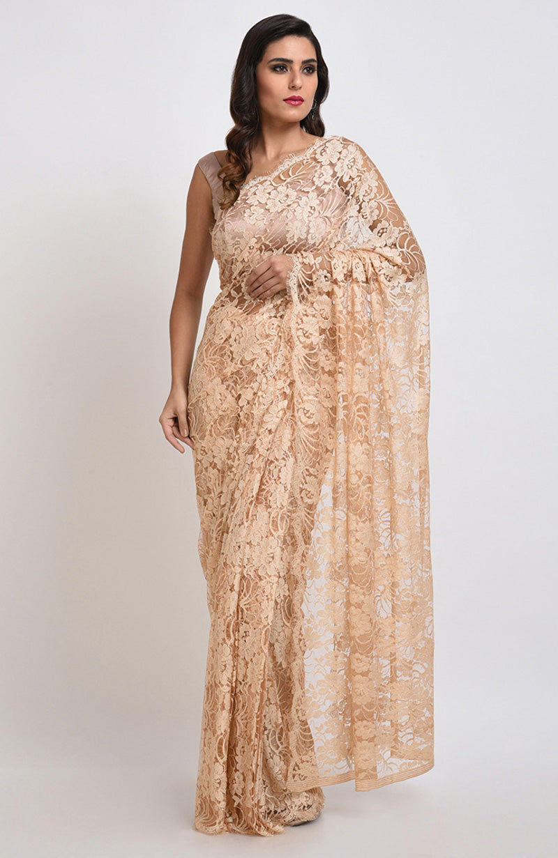 Nude French Chantilly Lace Saree Set