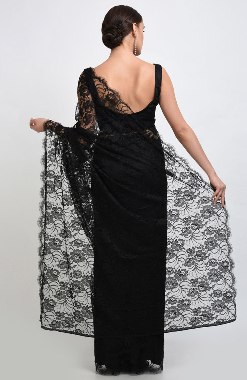 Black French Chantilly Lace Saree Set