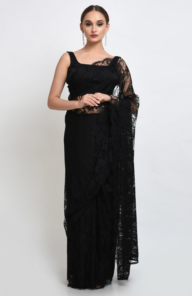 Black French Chantilly Lace Saree Set