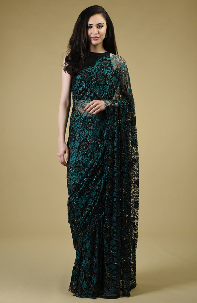 Peacock Green-Black Bead Work French Chantilly Lace Saree Set