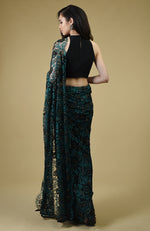 Peacock Green-Black Bead Work French Chantilly Lace Saree Set