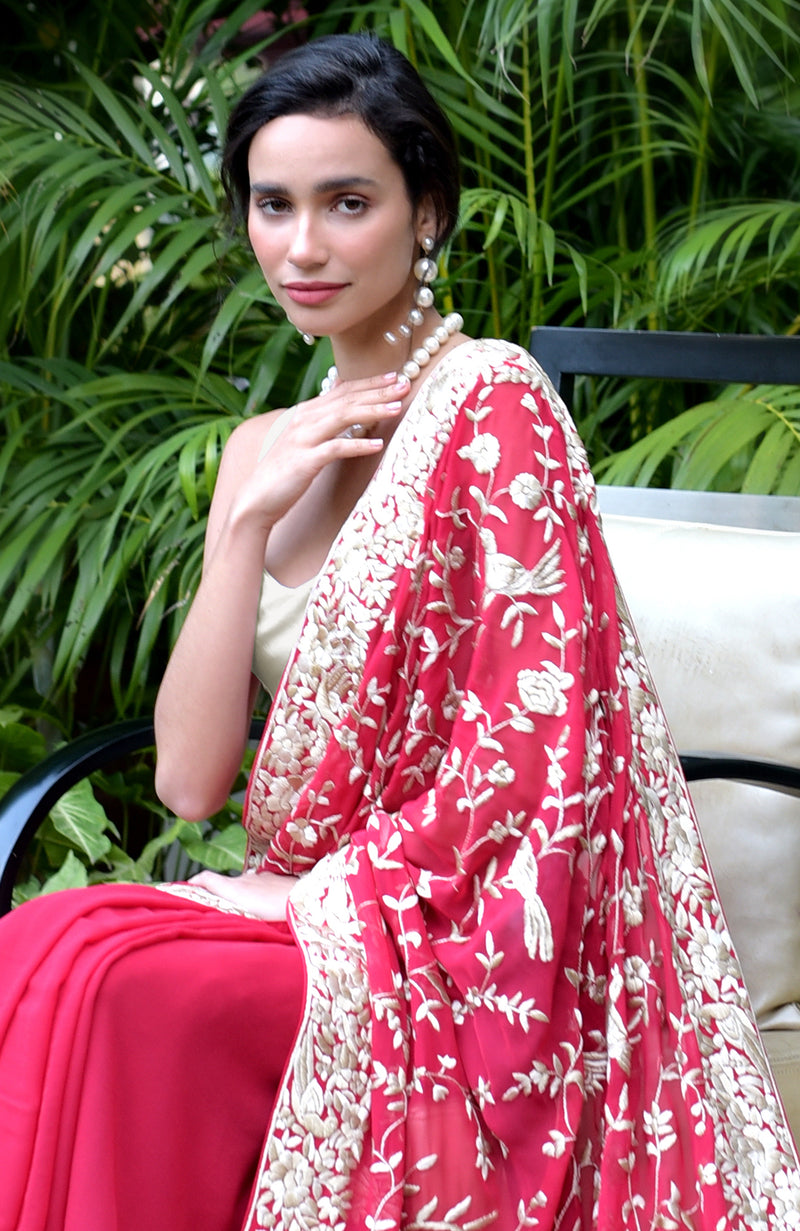 Red Masterpiece Parsi Gara Hand Embroidered Saree