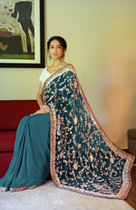 Peacock Blue-Teal Masterpiece Parsi Gara Hand Embroidered Saree