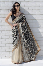 Black-Beige Masterpiece Parsi Gara Hand Embroidered Saree