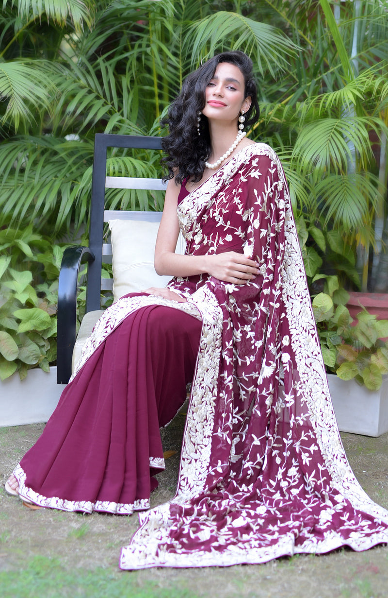 Burgundy Masterpiece Parsi Gara  Hand Embroidered Saree