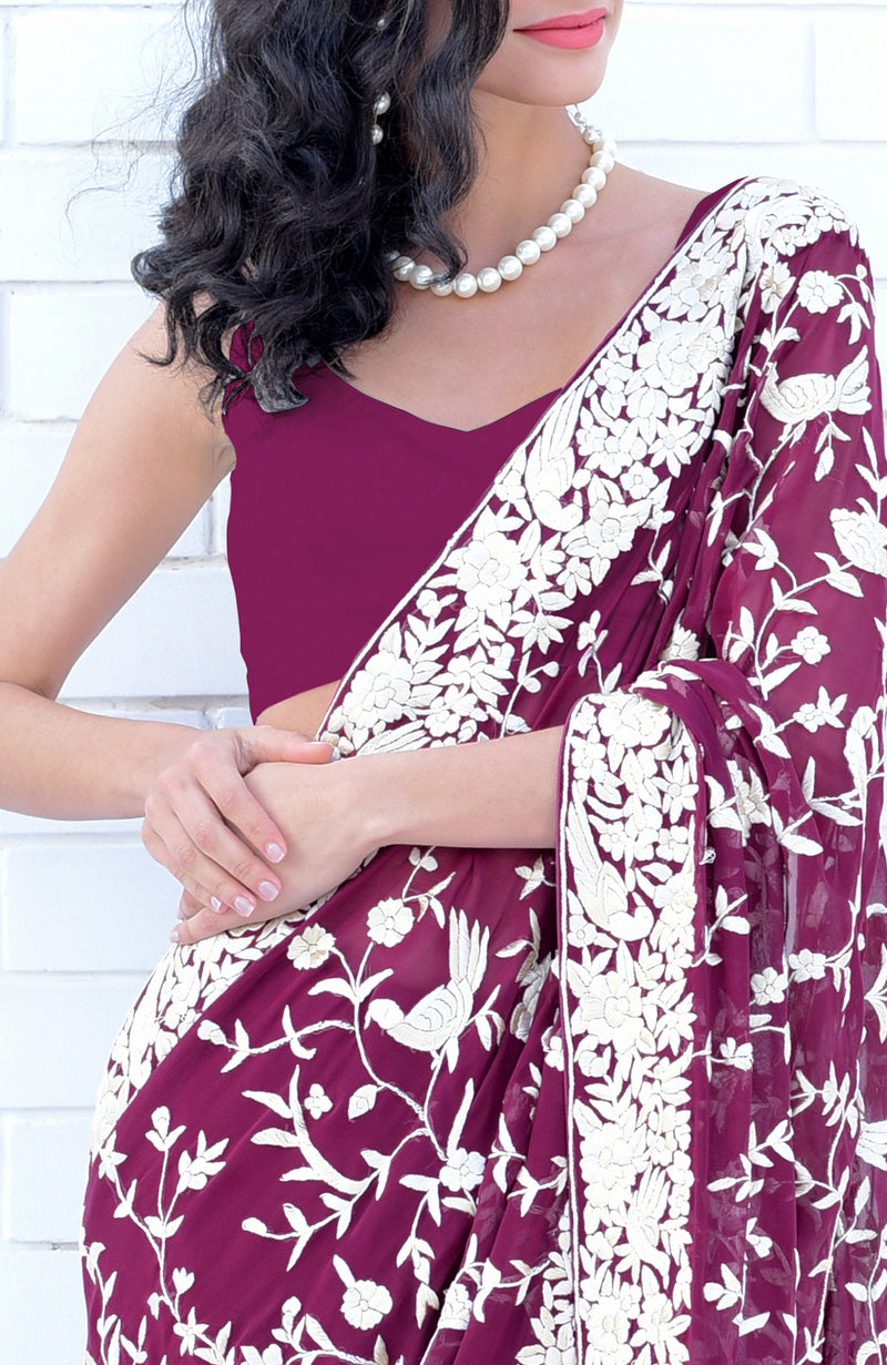 Burgundy Masterpiece Parsi Gara  Hand Embroidered Saree