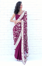 Burgundy Masterpiece Parsi Gara  Hand Embroidered Saree