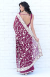 Burgundy Masterpiece Parsi Gara  Hand Embroidered Saree