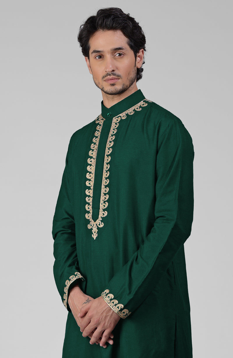 Emerald Green Kashmiri Tilla Hand Embroidered Kurta Set