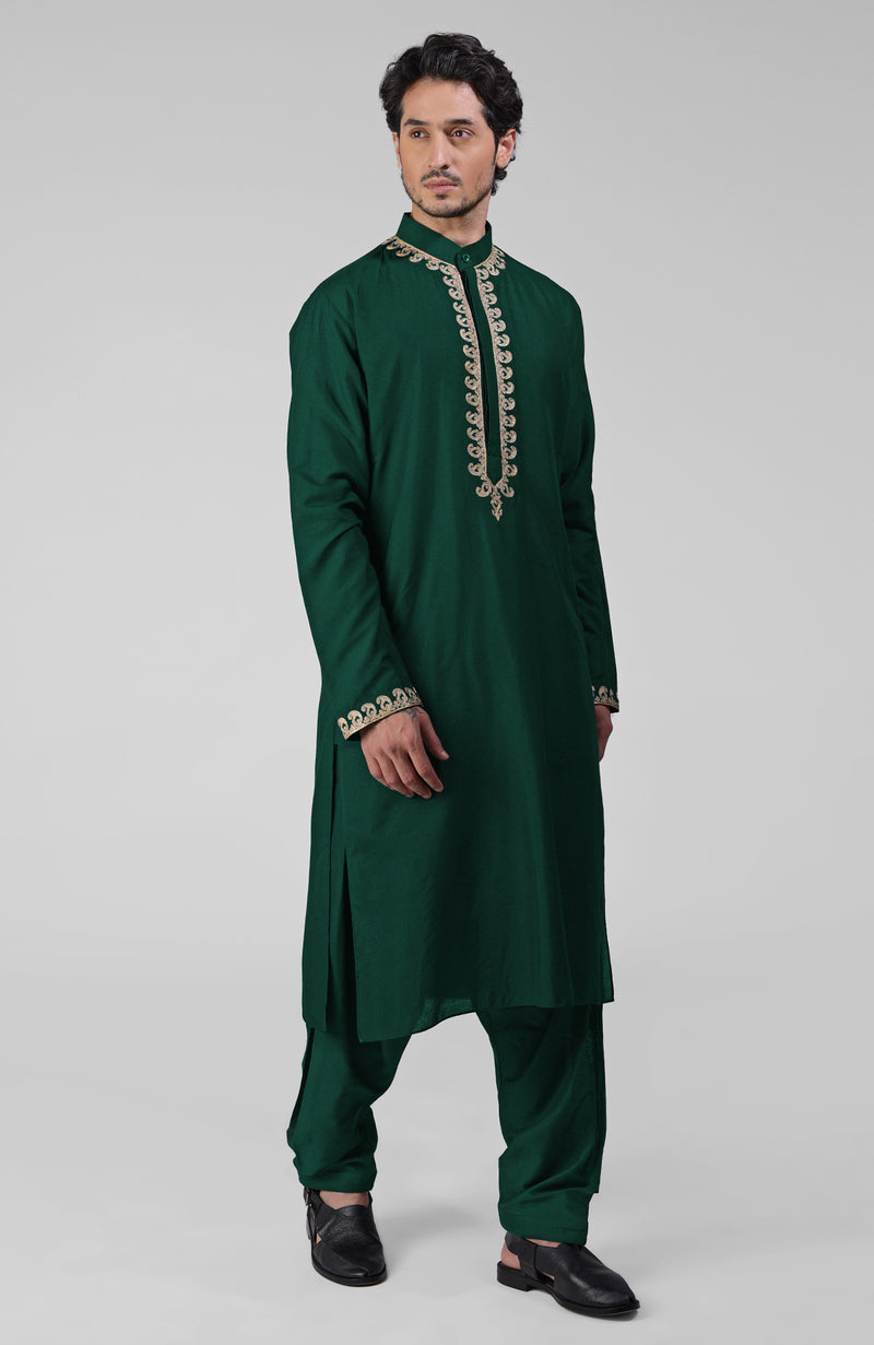 Emerald Green Kashmiri Tilla Hand Embroidered Kurta Set