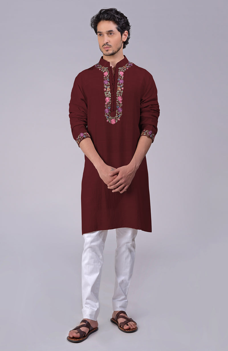 Beige Parsi Gara Embroidered Kurta