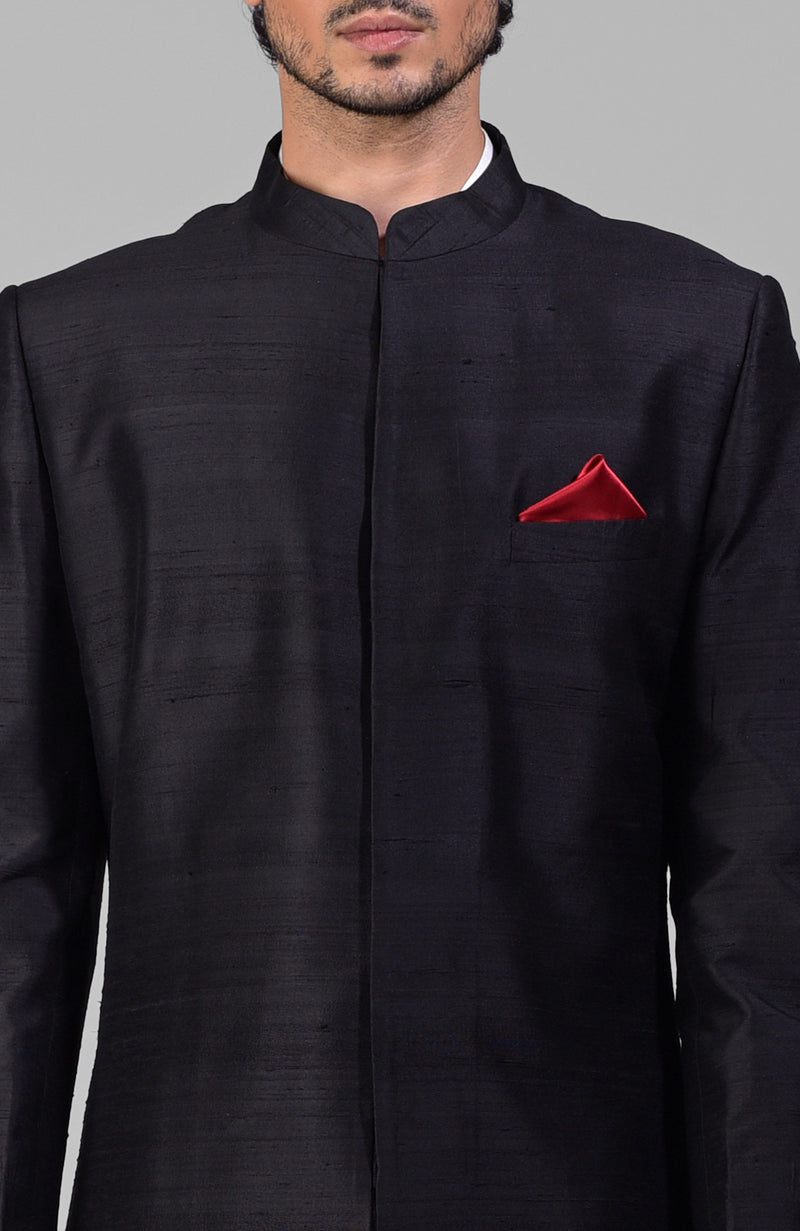 Classic Black Pure Raw Silk Sherwani