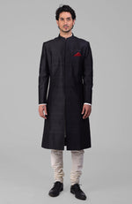 Classic Black Pure Raw Silk Sherwani