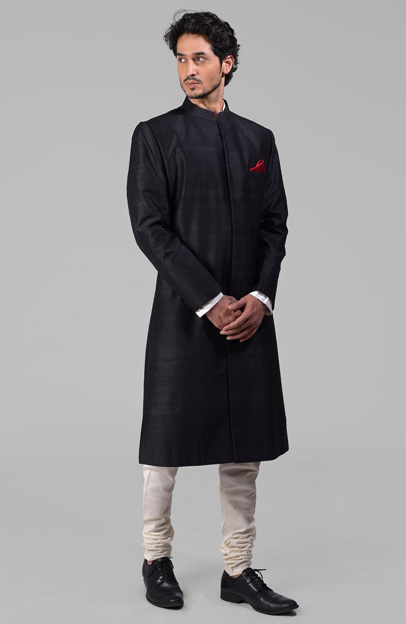 Classic Black Pure Raw Silk Sherwani Set