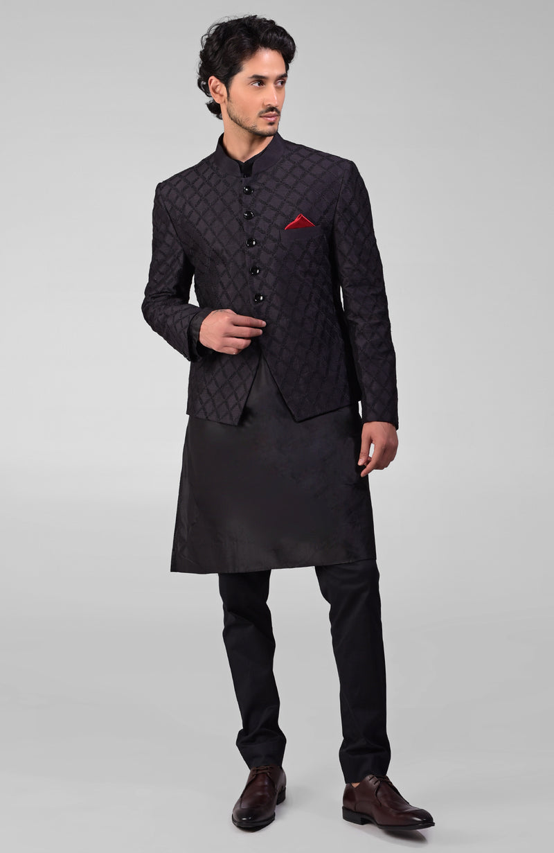 Black Chikankari Embroidered Bandhgala Jacket Set