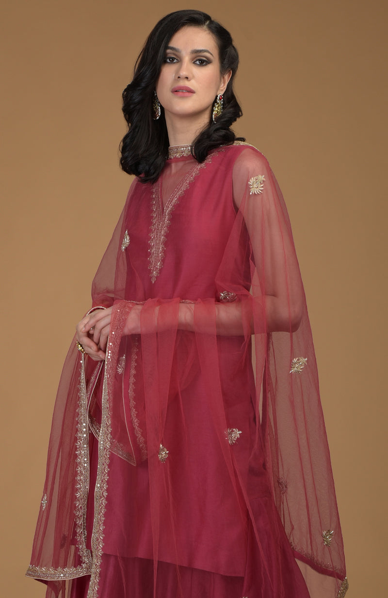 Ruby Red Zardozi Hand Embroidered Dupatta