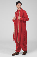 Scarlet Red Pintuck Pathani Kurta Salwar Set & Tilla Embroidered Dupatta