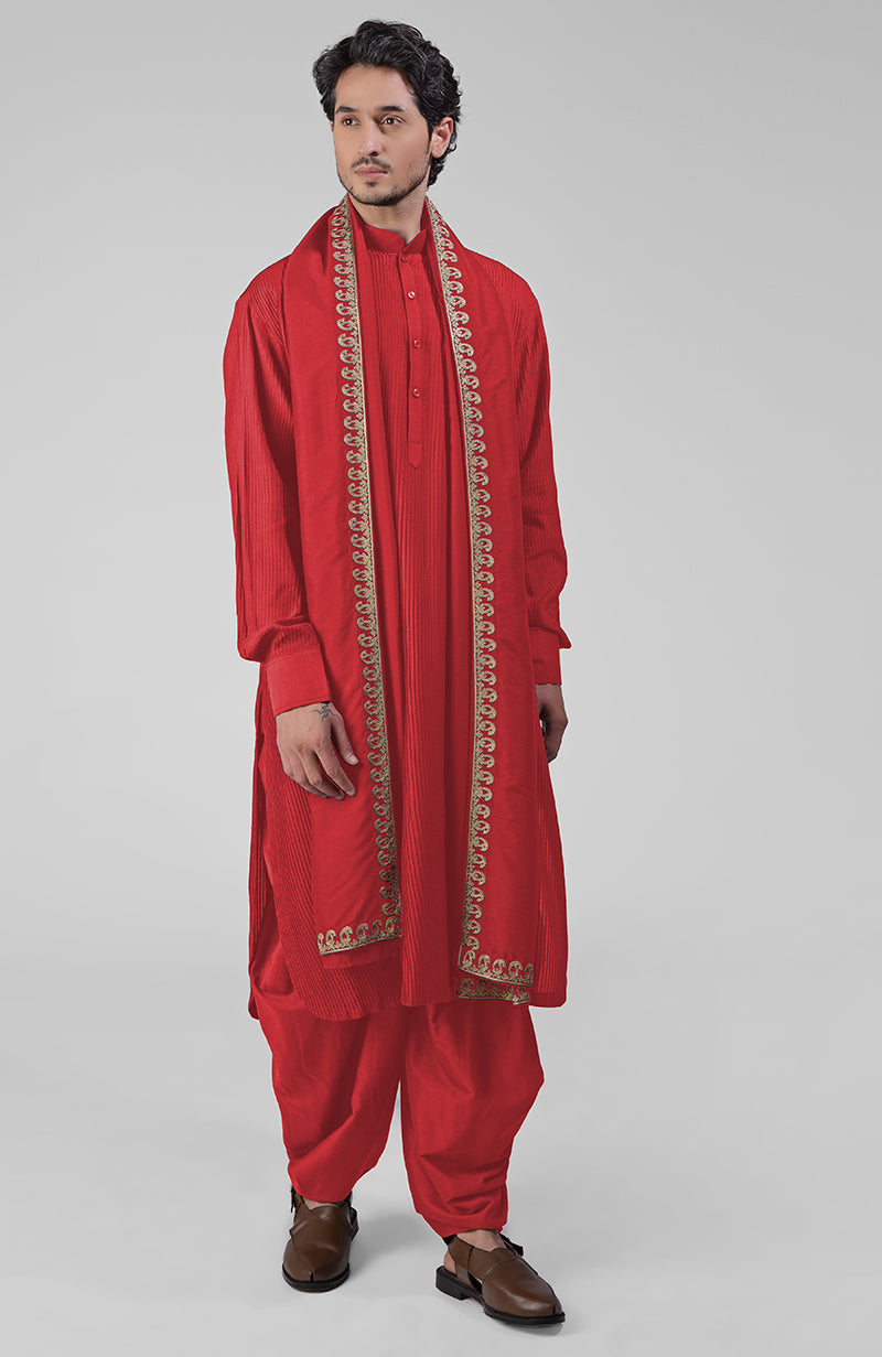 Scarlet Red Pintuck Pathani Kurta Salwar Set & Tilla Embroidered Dupatta