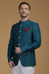 Peacock Blue Linen Silk Bandhgala Jacket