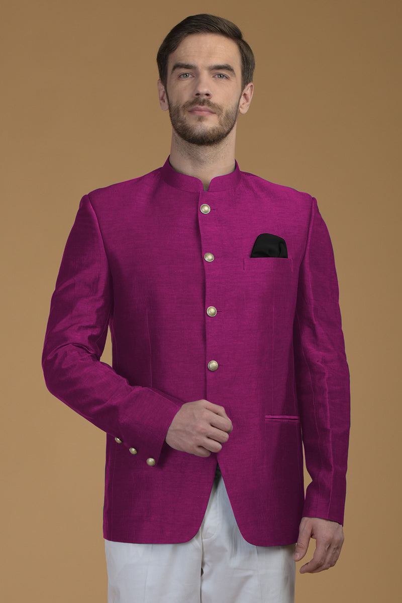 Peacock Pink Linen Silk Bandhgala Jacket