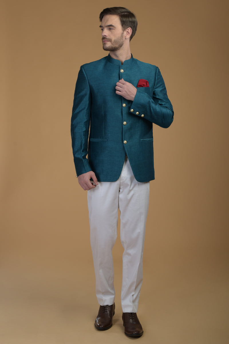 Peacock Blue Linen Silk Bandhgala Jacket