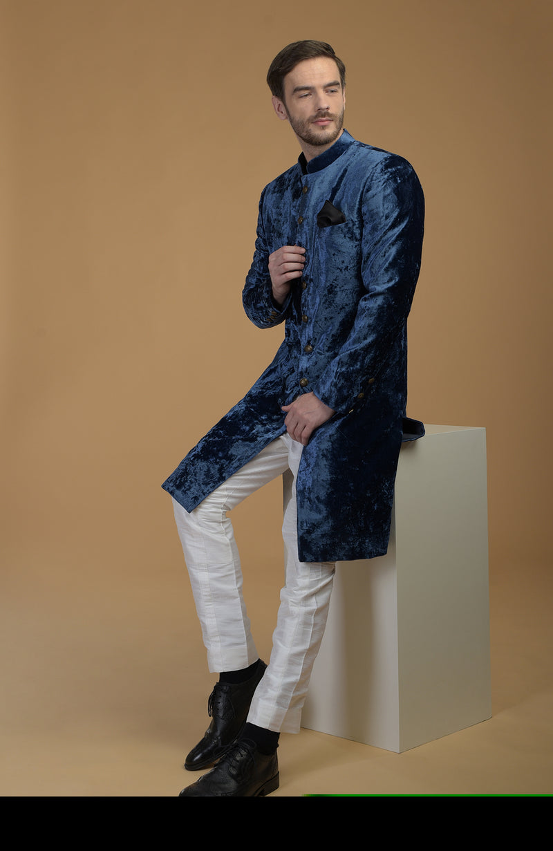 Eclipse Blue Silk Velvet Sherwani