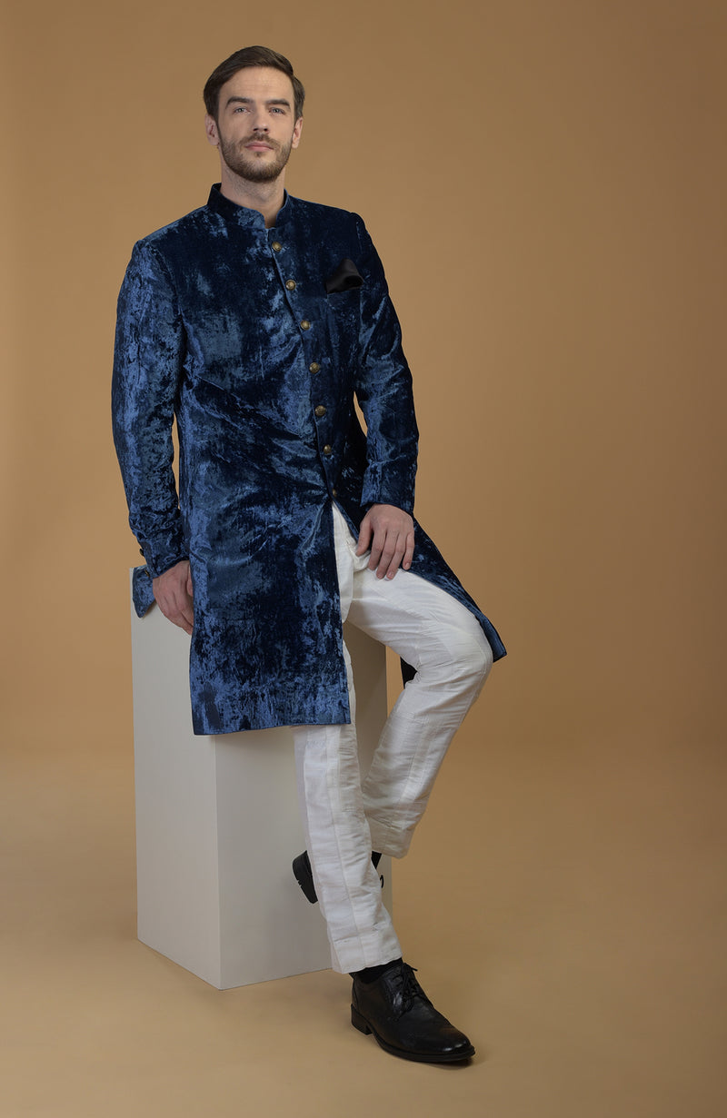 Eclipse Blue Silk Velvet Sherwani