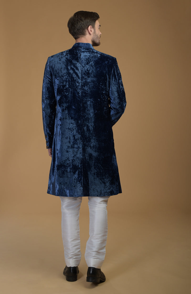 Eclipse Blue Silk Velvet Sherwani