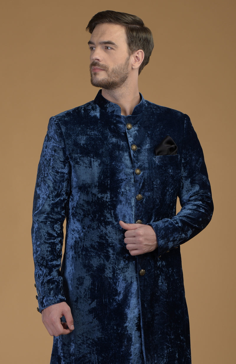 Eclipse Blue Silk Velvet Sherwani