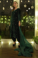 Emerald Green Swarovski Hand Embroidered Velvet Kurta Set