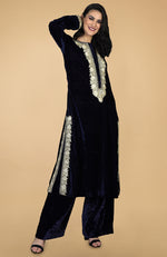 Midnight Blue Silk Velvet Kashmiri Tilla Embroidered Kurta Set With Dupatta