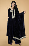 Midnight Blue Silk Velvet Kashmiri Tilla Embroidered Kurta Set With Dupatta