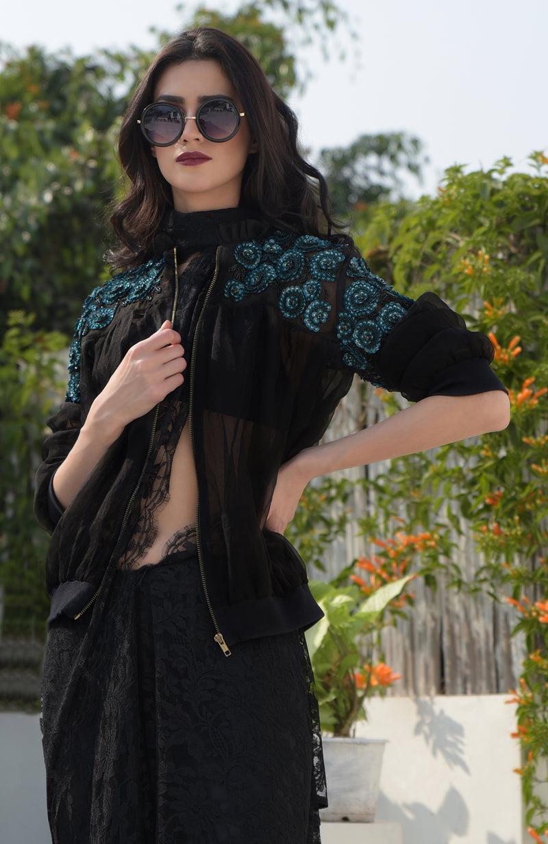 Flower Chakra Black- Blue 3D Hand Embroidered Organza Bomber Jacket