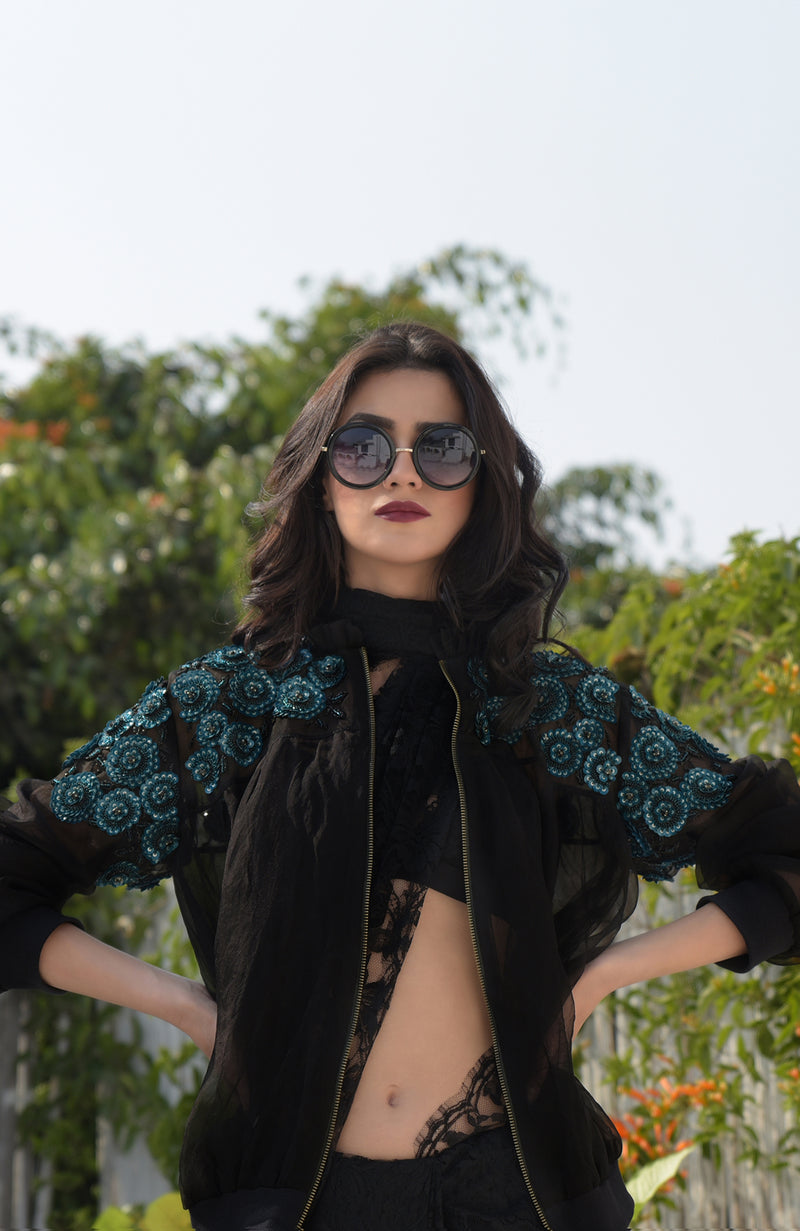 Flower Chakra Black- Blue 3D Hand Embroidered Organza Bomber Jacket