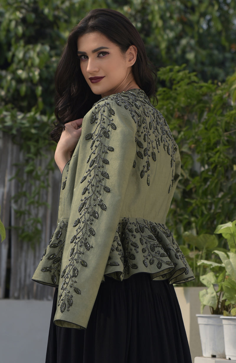 Dark Foliage Sequin Hand Embroidered Structured Peplum Jacket