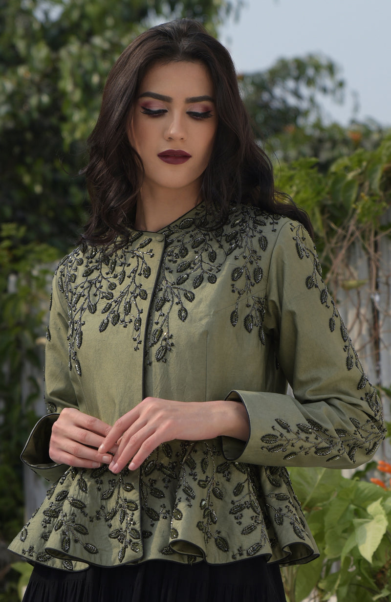 Dark Foliage Sequin Hand Embroidered Structured Peplum Jacket