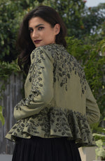 Dark Foliage Sequin Hand Embroidered Structured Peplum Jacket