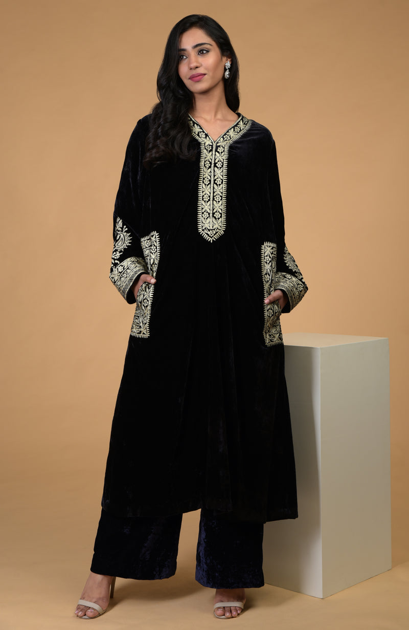 Mulled Wine Kashmiri Tilla Embroidered Choga Kurta Set