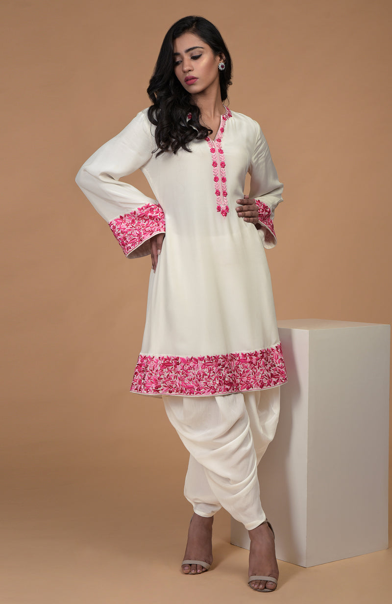 Ivory Pink Parsi Gara Embroidered Kurta Set